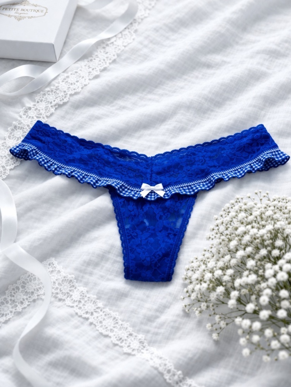 Victoria's Secret NWT The Lacie Thong Blue Lace with Gingham Trim Panties O/S